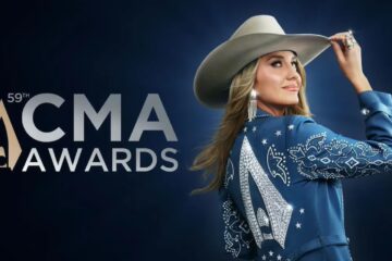 59th Annual CMA Awards with Lainey Wilson as the host dressed in blue outfit with cowboy hat staring away from camera